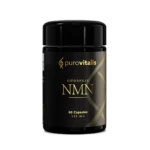 Liposomal NMN Supplement from purovitalis. Front display of glass bottle with 60 caps of 125mg NMN
