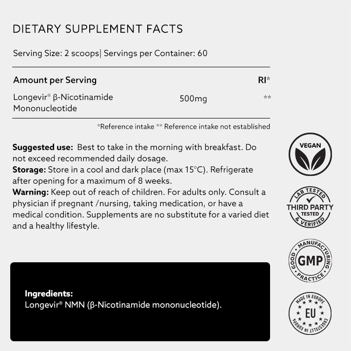 Fatti integratori per NMN in polvere Dose: 2 misurini. Dosi per contenitore: 60. Quantità per dose di Longevir® β-Nicotinamide Mononucleotide - 500mg. Uso consigliato: Da assumere al mattino con la colazione. Non superare la dose giornaliera raccomandata. Conservazione: Conservare in un luogo fresco e buio (max 15°C). Conservare in frigorifero dopo l'apertura per un massimo di 8 settimane. Avvertenze: Tenere fuori dalla portata dei bambini. Solo per adulti. Consultare un medico in caso di gravidanza/allattamento, assunzione di farmaci o condizioni mediche particolari. Gli integratori non sostituiscono una dieta varia e uno stile di vita sano. Ingredienti: Longevir® NMN (β-Nicotinamide mononucleotide). Vegano, testato da terze parti, buone pratiche di produzione, prodotto nell'UE.