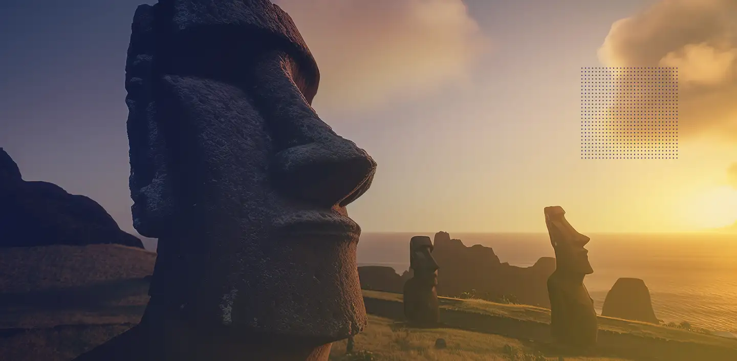 Una vista del tranquillo paesaggio di Rapa Nui, luogo d'origine della rapamicina, con sullo sfondo le antiche statue Moai che simboleggiano il legame tra la via mTOR e la ricerca sulla longevità, nonché il tentativo di comprendere il ruolo di mTOR nell'invecchiamento.