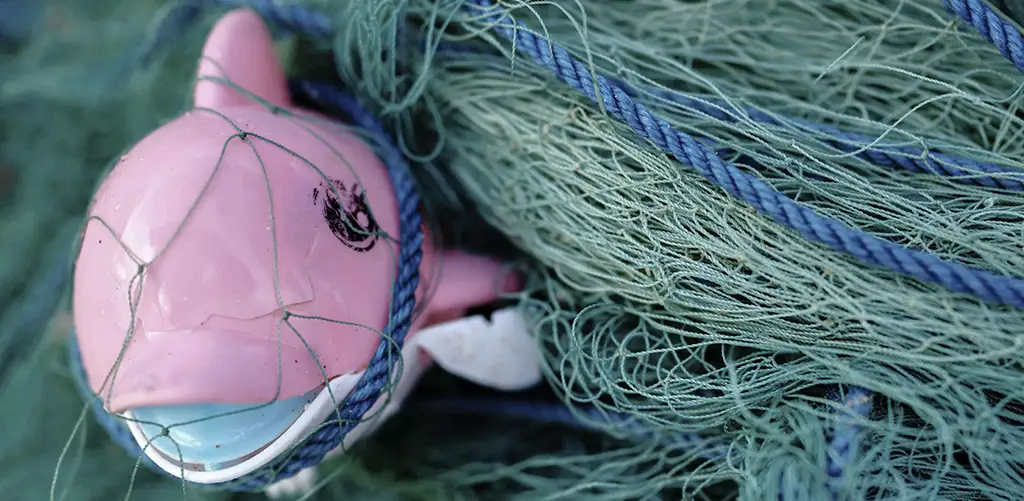 dolfin din plastic în plasa de pescuit
