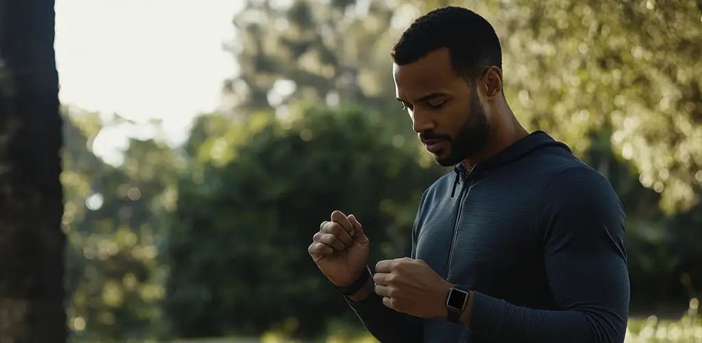 Ein Mann, der im Freien eine Smartwatch trägt, steht in einem Park und überprüft nach dem Training seine Apple Watch.