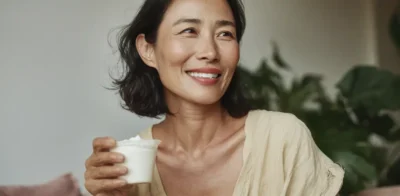 A smiling woman with short dark hair sits indoors holding a cup of yogurt. She’s wearing a light, casual blouse and looking to the side, with soft daylight and green plants in the background.